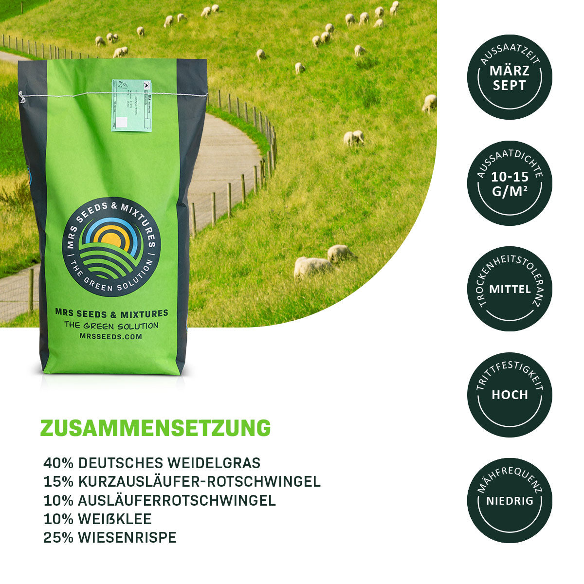 MRS Seeds & Mixtures Deichen 1 - 15 kg | Schmackhaftes Gras für Beweidung [de]